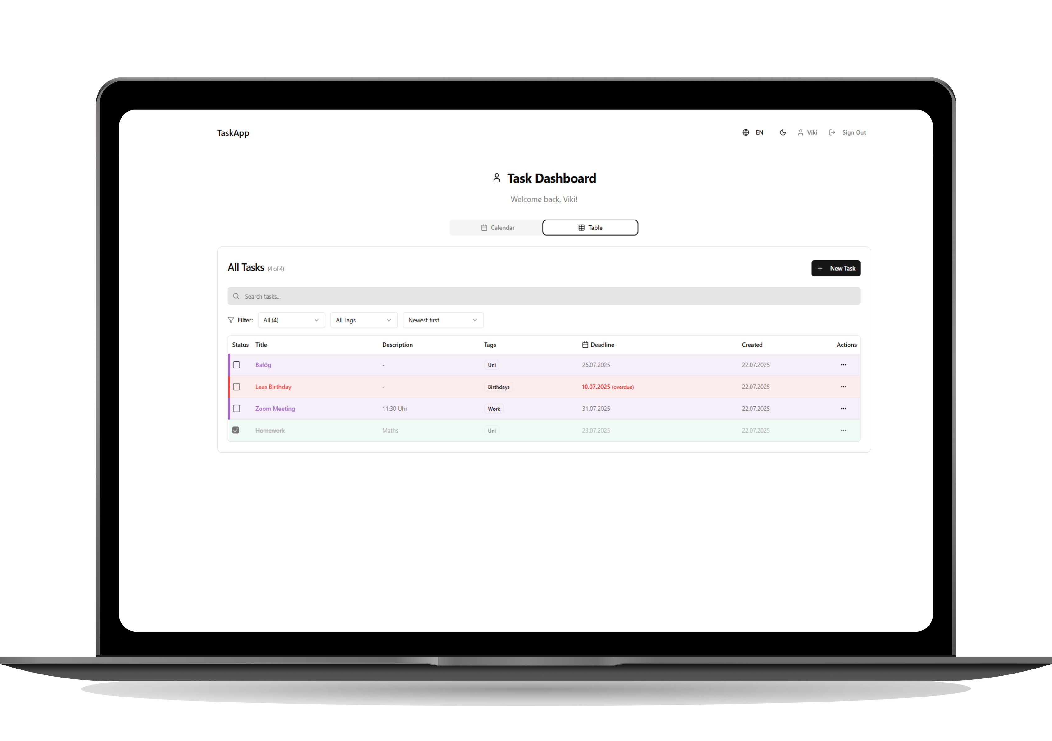 StudySync To-Do Tabellenansicht